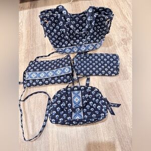 Vera Bradley Matching Blue Floral Travel Set Crossbody Bag Wallet Cosmetic Pouch